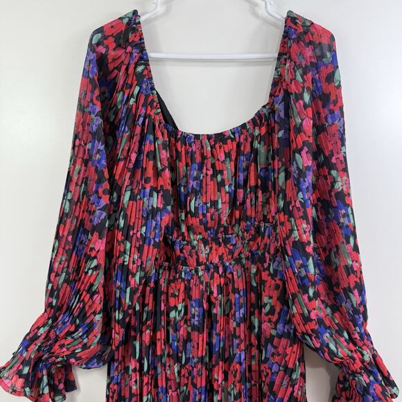 Arula New Black Floral Pleated Mini Dress 1X Long Balloon Sleeve Ruffle Cuffs - Picture 10 of 15